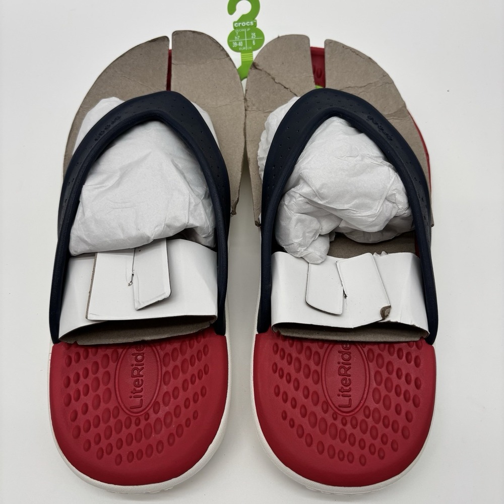 Crocs LiteRide Flip Flops Shoes Mens‎ Size 7 Red Blue Sandals Comfort Casual
